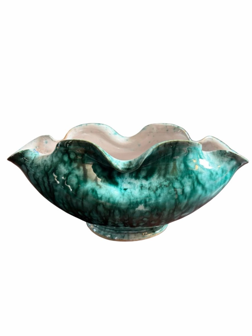 Vintage Italian Blue Green Drip Glaze 8” Ceramic Ruffled Trim Bowl